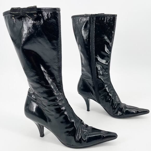 Vintage Miu Miu Black Patent Leather Pointed Toe Mid Calf Heel Boots IT 38.5 - Picture 1 of 13